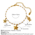 Golden stainless steel bracelet with freshwater pearls and starfish charms - Starfish And Fish Charms Style (SL115WEG1)