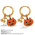 Gouden roestvrijstalen Halloween-oorringen met kers- en oranje pompoenkat-hangers - Pompoen Kat Gezicht Stijl (PJ24G-PJ730G)