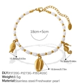 Gold stainless steel bracelet with freshwater pearls and ocean-themed sea charms - Fish Shell And Seahorse Style (SL115WEG8)