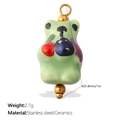Handmade green ceramic bear pendant with colorful spots and stainless steel ring charm - Light Green Bear Style (PJ1180CRG)