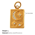 Golden stainless steel rectangle charm with moon and star zircon inlay for DIY jewelry - Gold Rectangular Moon Star (PJ1276WEG)