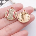 Detailed close-up of a sparkling rhinestone baseball pendant with red enamel stitching - White Drip Oil Rhinestone Softball (24941)