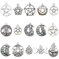 Set de 15 colgantes Wicca de plata antigua con pentagrama, lobo y búho para joyas - Set de 15 Piezas (SN1553)