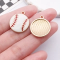 White baseball pendants in gold finish with red enamel stitching for DIY jewelry making - White Drip Oil Sports Softball (24938)
