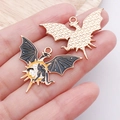 DIY dragon pendant accessory in gold finish with black and orange enamel filling - Black Yellow Sun Flying Dragon Style (25228)
