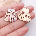 Cute enamel cat pendants with flower patterns and textured gold metal back for DIY jewelry - White (24890)