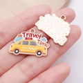 DIY jewelry charm set with yellow cartoon taxi travel time pendant and gold textured back - Taxi (Travel Time) - Yellow
