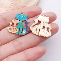 Cute pink and blue enamel cat charms with gold plating for DIY jewelry making - Blue (24892)