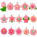 Pink resin floral charms set with rose and sunflower shapes and silver metal rings - Pink Resin Flower Mixed Style (SN1464)