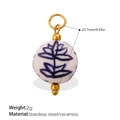 Blue floral ceramic charm with stainless steel gold plating and size measurements - Blue Floral Plant Bead (PJ1551BEG)