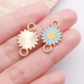 Light blue enamel daisy connector charms in gold alloy finish for DIY jewelry - Lake Blue Double Loop Sunflower Daisy