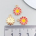 Three red enamel sunflower charms in gold alloy with hanging loops for jewelry DIY - Red Small Daisy Flower
