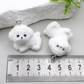 Miniature white flocked poodle figurine charms with silver metal rings for DIY keychains - Right Facing Lying Bichon Style (22931)
