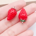 Miniature acrylic strawberry charms with green leaves and metal rings for DIY jewelry making - Red 3D Strawberry
