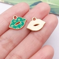 Lip-shaped metal pendant with green enamel and white polka dots for DIY jewelry - Green Irish Lips (25097)
