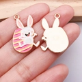 Easter cartoon bunny enamel pendant charm with colorful egg for DIY jewelry making - Pink Striped Rabbit Egg (25142)