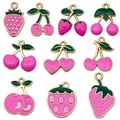 Set de mini dijes de frutas con fresas y cerezas rosas de aleación para joyería DIY - Cereza Fresa Rojo Rosa Esmaltada Mixta de 10 Piezas (SN1372)