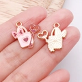 Rosa Emaille Herzschloss-Anhänger mit Goldbasis für DIY-Schmuckherstellung und Design - Herz Schlüssel Schleife Tasche / 19x18x1mm (25163)