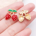 DIY strawberry charm pendants in red enamel and gold finish for jewelry making - Red Enamel Strawberry Cherry (23396)