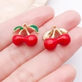 DIY cherry fruit alloy charms with green and gold leaves for jewelry making - Red Enamel 3D Connected Cherry (23401)