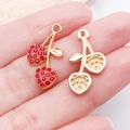 Red cherry jewelry charm with gold plating and rhinestones for DIY earring bracelets - Red Rhinestone Cherry (23422)