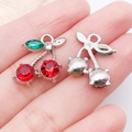 Silver cherry pendant charms with red gemstones for DIY earrings and necklaces - Silver Finish Red Rhinestone Cherry (23451)