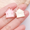 Rosafarbener Hausanhänger mit Herz aus Legierung für DIY-Schmuckherstellung - Rosa Emaille Herz Liebeshaus / 20x16x1mm (25217)