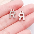 Silver letter R charm pendants set with rhinestones and textured metal for DIY jewelry - Letter R