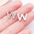 Sparkling rhinestone letter W charm with textured silver finish for DIY jewelry making - Letter W