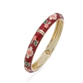 Vintage red cloisonne enamel daisy flower bangle bracelet with gold-plated metal base - Burgundy