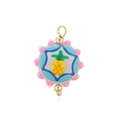 Détail d'un pendentif ananas jaune vif avec pointes roses et anneau doré poli - Style Rond Ananas (F4)
