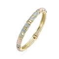 Detail view of vintage enamel flower bracelet with blue floral patterns and golden hinge - Blue Pink Petal