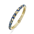 Detailed view of vintage cloisonne floral bangle with blue enamel and spring hinge - Blue Petal