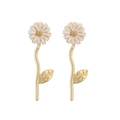 Macro detail of long daisy drop earrings with white petals and golden stems - Long Dangle Daisy Earrings