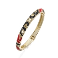 Detailed macro view of vintage cloisonne floral bangle with gold finish and spring hinge - Black Red Petal