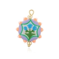 Détail d'un pendentif en céramique lavande fait main avec motifs floraux et perles dorées - Style Rond Fleur Bleue (F7)