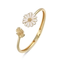 Detail of open gold bangle featuring white enamel daisy flower and gold honey bee motif - Bee Daisy Open Bangle