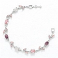 Detail of silver vine bracelet featuring pink and purple crystals with leaf-shaped stones - Silver Purple Pink Tulip Bracelet