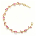 Close-up of gold vine bracelet featuring pink oval stones and marquise leaf gems - Gold Pink Tulip Bracelet