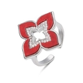 Anillo ajustable de plata con pétalos rojos y piedras de circonita brillantes - Anillo de Trébol Rojo Platino