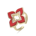 Anillo de trébol dorado ajustable con esmalte rojo e incrustaciones de circonitas - Anillo de Trébol Rojo Dorado
