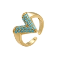 Adjustable gold V-shape open ring with micro-pave turquoise beads in bohemian style - Gold Plated with Turquoise Zirconia