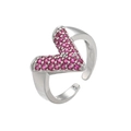 Detail view of silver V-shape open ring with vibrant pink micro-pave zircons - Platinum Plated Rose Red Zirconia