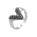 Detailed close-up of V-shaped adjustable silver ring with micro-paved black zircons - Platinum Black Zirconia