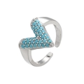 Detailed close-up of V-shaped open ring with turquoise pave setting and silver finish - Platinum Plated with Turquoise Zirconia