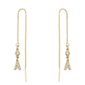 18K gold letter A drop earrings with micro-paved cubic zirconia and long box chain - Alphabet A Ear Thread With Zirconia Only