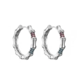 Bamboo style silver hoop earrings with micro-set red and blue colorful crystals - Large Bamboo Multi-color Stone Style / Silver