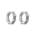 Bamboo style silver huggie hoops with multi-color micro-pave crystals in blue and pink - Small Bamboo Multi-color Stone Style / Silver