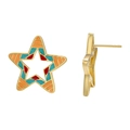 Dettaglio di orecchini a stella in smalto colorato con design cavo e finitura dorata - Pentagramma Arancione Ciano Rosso (1)