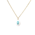 Macro detail of 18k gold chain with white enamel teardrop evil eye pendant - White